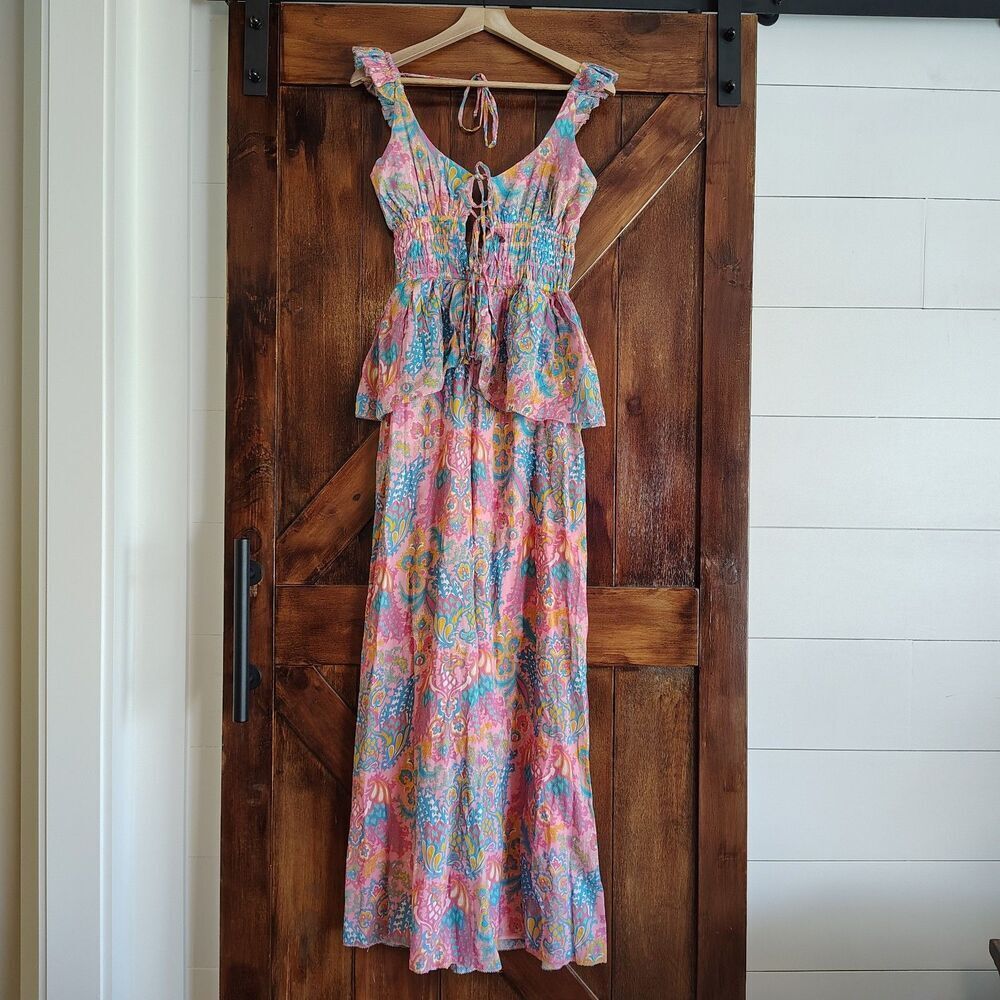 Anthropologie Love The Label Boho Wide Leg Jumpsuit Size S Tie Paisley Festival - Picture 3 of 10